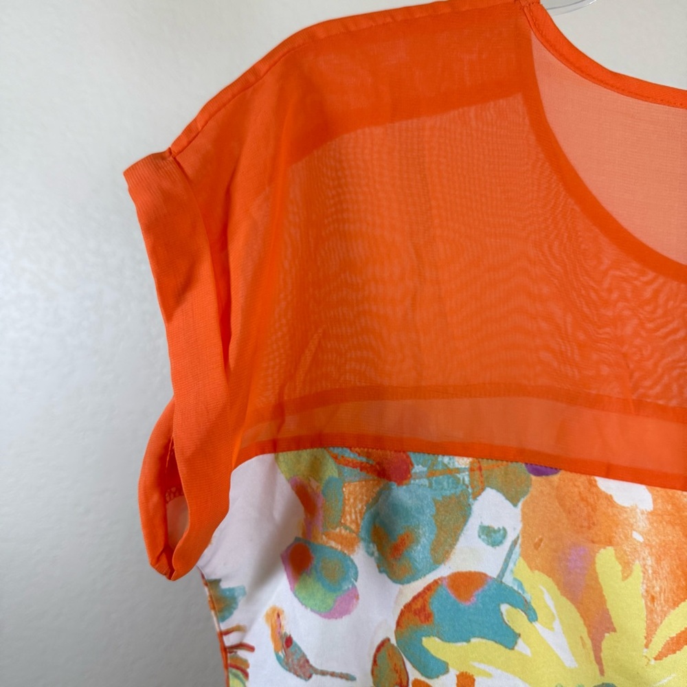 Tropical Floral Orange Colorblock Lightweight Beach Vacation Summer Resort Top - Picture 8 of 9